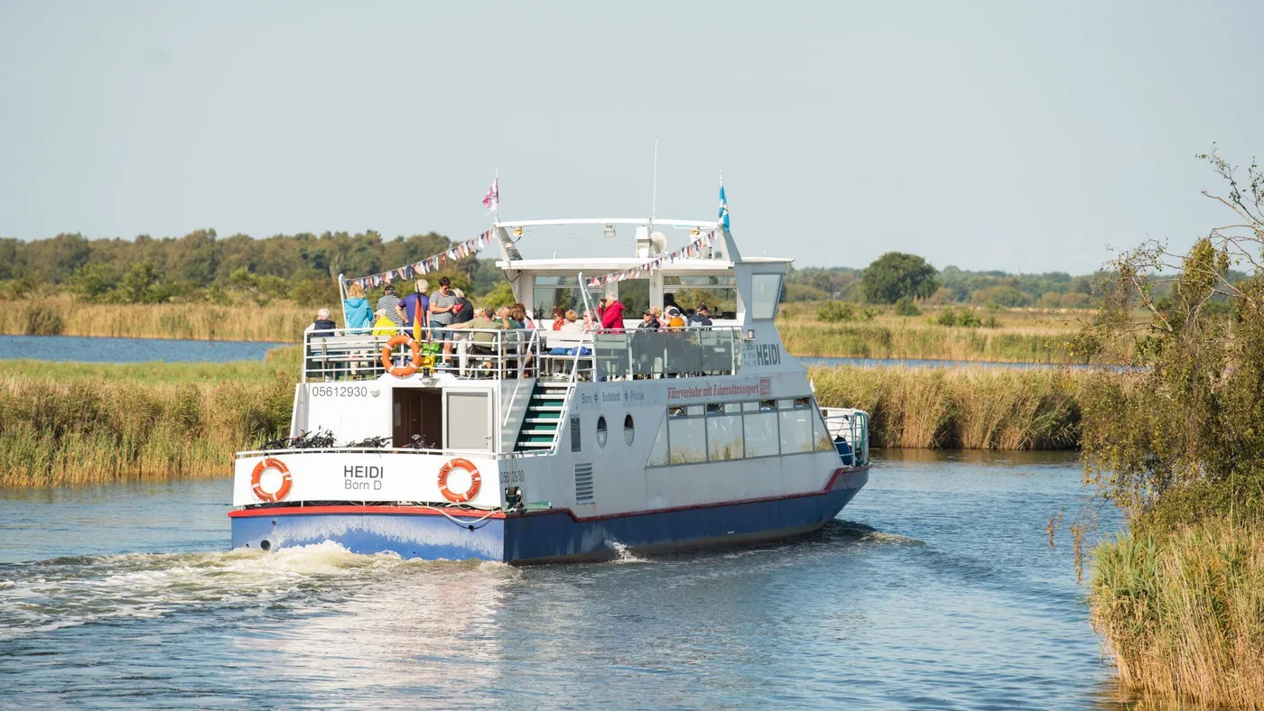 Weißes Ausflugsboot mit mehreren Menschen an Bord auf dem Bodden.
